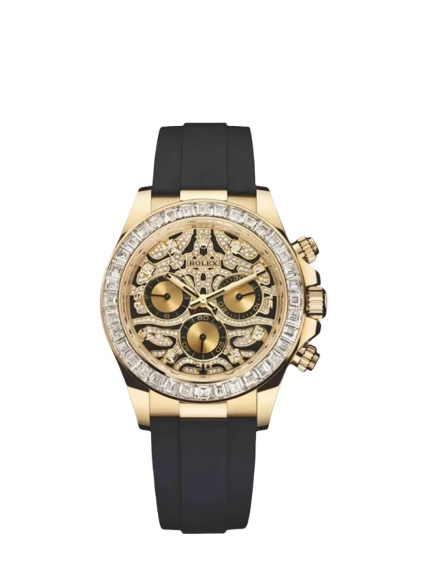 Daytona Eye Of Tiger Super Clone Swiss Replica Watch | 18k Gold Baguette Diamonds Bezel | OysterFlex Rubber Strap | 4130 Swiss Movement