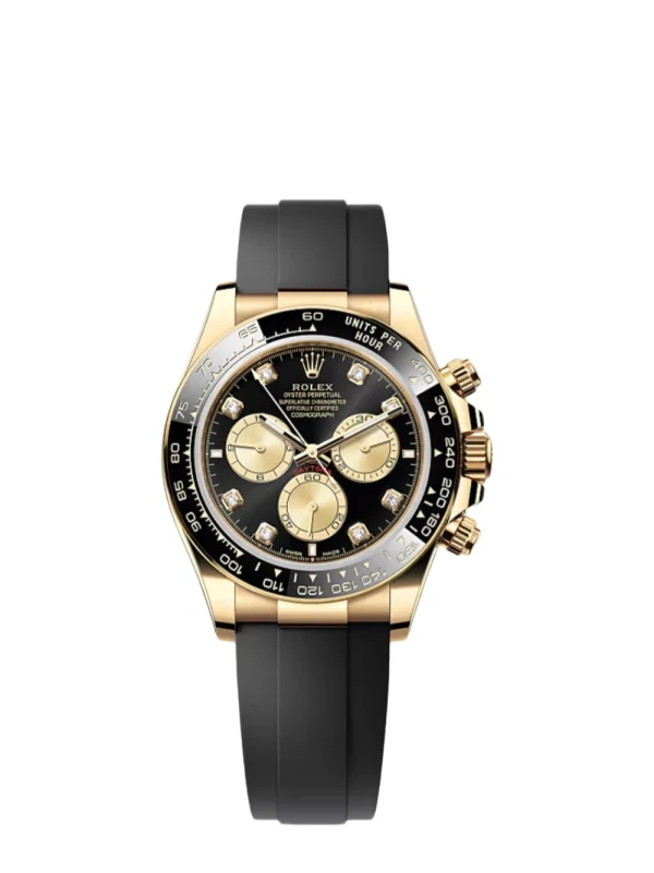 Daytona Yellow Gold Super Clone Swiss Replica Watch | Oyster |  Bright Black And Golden Set With Diamonds Dial | 4131 Swiss Movement