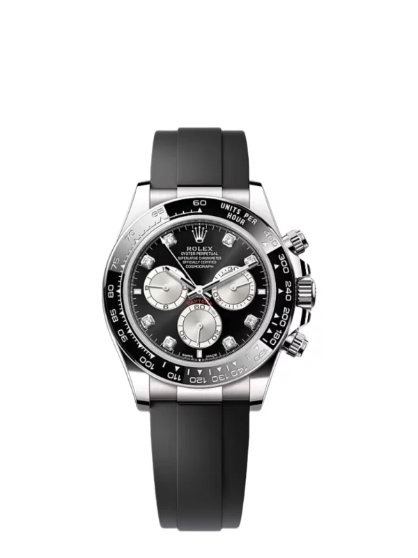 Daytona White Gold Super Clone Swiss Replica Watch | Oyster |  Bright Black And Steel Set With Diamonds Dial | 4131 Swiss Movement