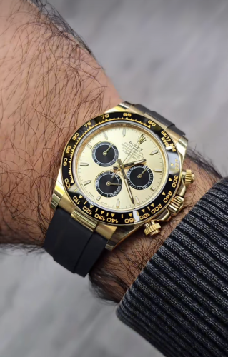 Click to view full screen Daytona 18k Yellow Gold Super Clone Swiss Replica Watch | OysterFlex Rubber Strap | 4131 Swiss Movement photo review